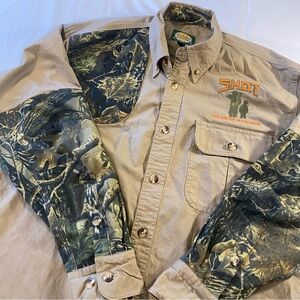 Cabela's Camouflage and Tan button up Shirt. Safe Hunters. Size Medium
